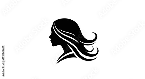 Elegant woman's silhouette with long flowing hair, side profile view, isolated white background.
