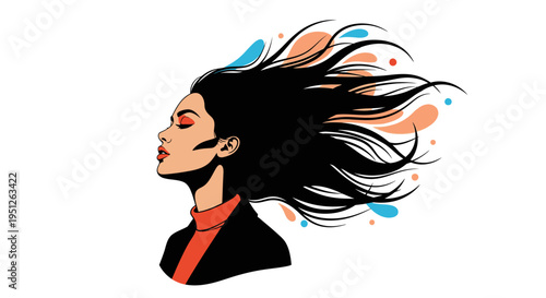 Serene Woman Profile with Long Flowing Hair and Colorful Abstract Elements on Isolated White Background