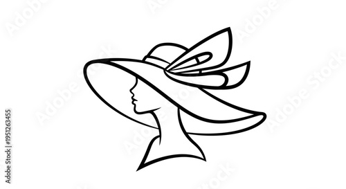 Elegant Woman Profile Silhouette with Wide Brimmed Hat and Ribbon on Isolated White Background