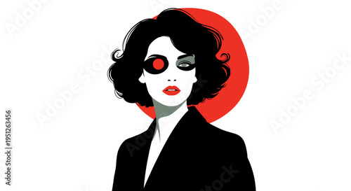 Sophisticated Woman with Bob Cut Hair and Red Glasses in Black Jacket on Isolated White Background with Red Circle