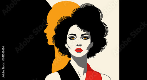 Fashionable Woman with Short Curly Hair and Red Lips in Modern Art Style on Gold and Black Background