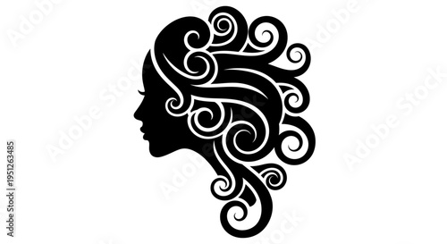 Elegant Woman Profile Silhouette with Stylized Curly Hair on Isolated White Background