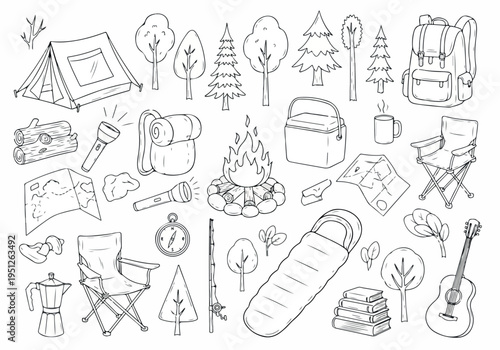 Hand-drawn vector collection of essential camping gear and outdoor adventure elements, perfect for nature exploration and wilderness trips