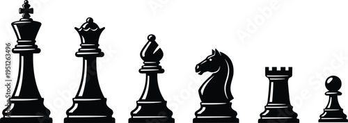 Black and White Vector Chess Piece Icons Set Featuring King Queen Bishop Knight Rook and Pawn Silhouettes Isolated on White Background for Game Design