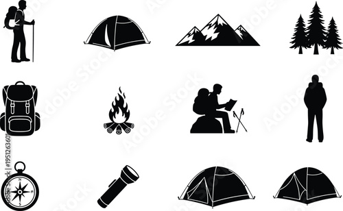 Black silhouette camping and hiking icon set featuring mountain landscapes, tents, campfires, backpacks, and outdoor survival equipment for adventure tourism and nature exploration design projects.