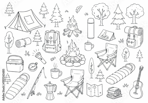 Black and white line art vector bundle featuring various camping and hiking items, ideal for illustrating outdoor activities, wilderness exploration, and recreational adventures