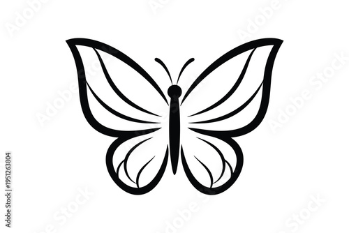 A simple black and white illustration of a butterfly with outstretched wings on a plain background, symbolizing freedom and beauty in nature.