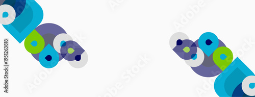 Abstract shapes, circles, curves overlap. Blue, purple, green hues dominate white background. Minimalist design, modern aesthetic.