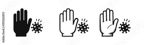 Hand stopping virus icon set. Protection and prevention against infection and disease spread.