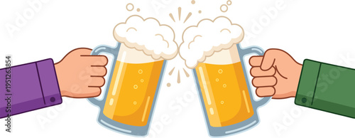Two hands clinking beer mugs together in a celebratory toast gesture
