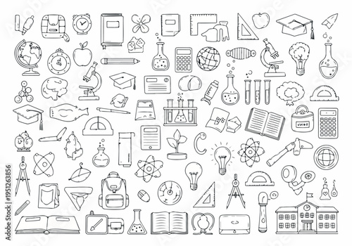 Diverse Collection of Hand-Drawn Educational Items and Scientific Tools for Learning and Knowledge Discovery Concepts in School