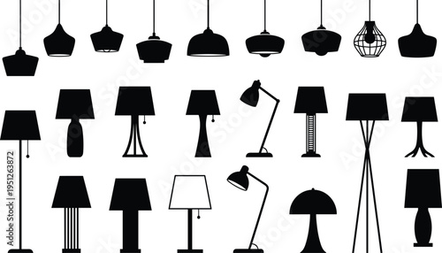 Black Silhouette Vector Collection of Modern Interior Lamps Featuring Pendant Ceiling Lights Table Lamps Floor Lamps and Desk Lighting Icons for Home Decor Graphic Design