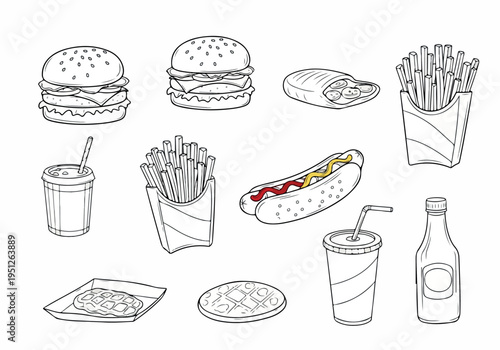 Hand-drawn outline illustrations of popular fast food items including burgers, fries, hot dogs, and drinks, perfect for quick meal concepts and menu designs