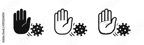 Stop virus spread icon set. Hand blocking infection and preventing disease transmission.