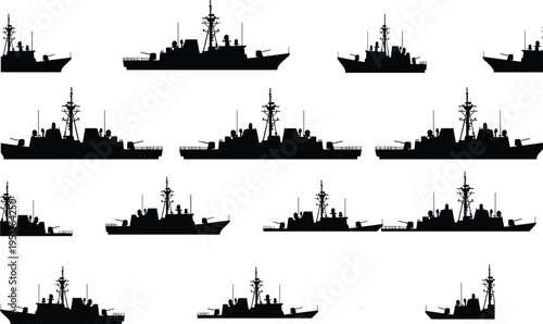 Collection of Modern Naval Warship Silhouettes Featuring Guided Missile Destroyers Frigates and Battleship Icons Isolated on White Background for Military Maritime Design and Vector Graphics