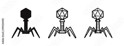 Icon set of bacteriophage virus, scientific pathogen symbol, black silhouette, outline and hand drawn sketch styles.