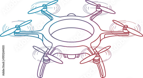 Stylized gradient hexacopter drone illustration with six rotors in motion, circular central body, modern UAV technology concept for aerial photography, videography, surveillance, robotics artwork
