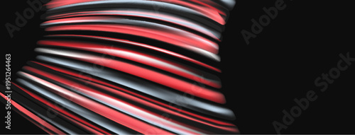 Abstract swirling ribbons, red, gray tones. Dynamic composition, smooth curves, dark background creates contrast. Modern digital art.