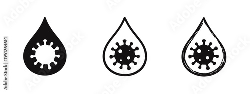 Icon set of blood drop with coronavirus, virus detection or infection symbol, black silhouette, outline and hand drawn sketch styles.
