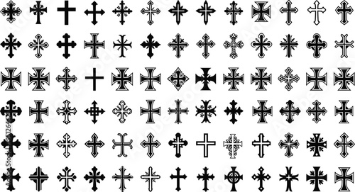 Large set of various ornate Christian cross icons and decorative religious crucifix symbols in black silhouette vector style for church design, spiritual faith and historical graphics.