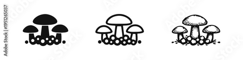 Icon set of a cluster of mushrooms or fungi, nature and biology symbol, black silhouette, outline and hand drawn sketch styles.