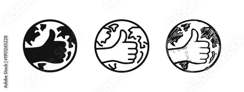 Worldwide Approval and Earth Support Thumbs Up Icons Set. Global Feedback Vector Collection for Planet Care