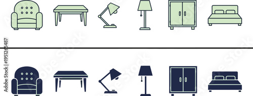 Modern furniture icon set including armchair table desk lamp floor lamp wardrobe bed minimal outline flat design collection home interior