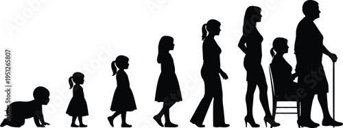 Human life stages silhouette, growth from baby to elderly, aging process, female life cycle, generation change, lifespan illustration concept