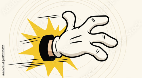 Energetic cartoon hand bursting through a surface with a dynamic starburst effect on a bright studio background