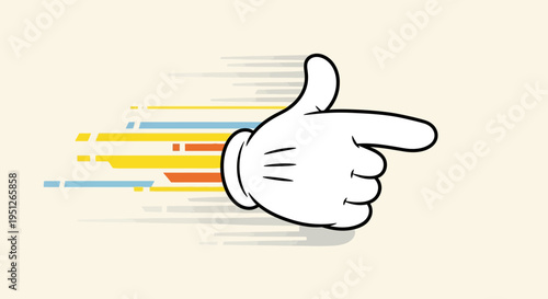 Playful cartoon hand making a gun gesture, with colorful speed lines indicating action on a bright studio background