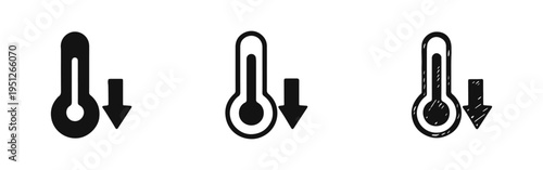 Thermometer Temperature Decrease Icons Set. Cooling Process and Climate Drop Vector Graphic