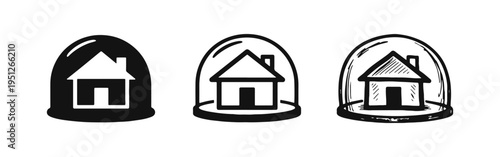 House Under Glass Dome Icon Set - Home Protection, Security, and Quarantine Concept Symbol
