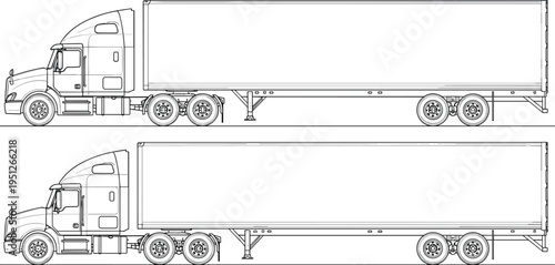 Semi truck with trailer side view vector outline illustration commercial freight transport logistics vehicle line art design