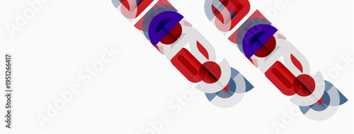 Abstract graphic design features layered, offset text elements. Red, blue, purple hues create dynamic visual effect. Minimalist composition.