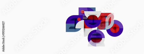 Abstract geometric composition. Circles, squares overlap creating vibrant visual effect. Purple, red hues dominate white background. Modern design.