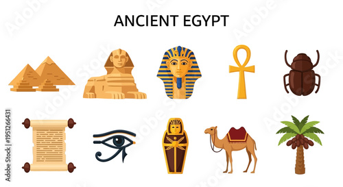 Ancient Egypt icons featuring pyramids sphinx pharaoh mask ankh scarab scroll Eye of Horus sarcophagus camel and palm tree