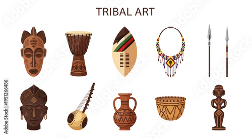 Ten distinct illustrations of traditional African cultural objects arranged in two rows