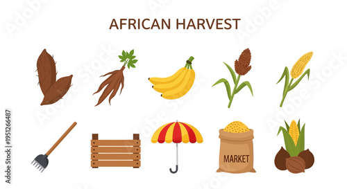 African Harvest illustration with crops tools and market items