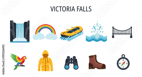 Graphic icons related to Victoria Falls travel including nature and gear