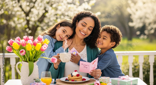 Happy mother and kids enjoying spring breakfast outdoors