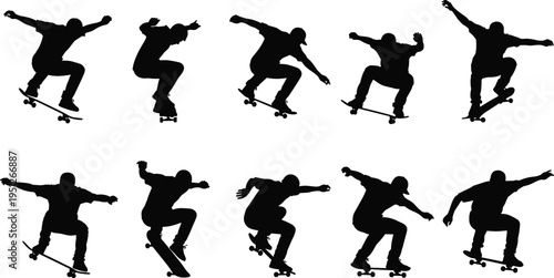 Skateboarder performing tricks silhouette set, skateboarding action sequence, extreme sport movement, urban street style, dynamic skater poses illustration concept
