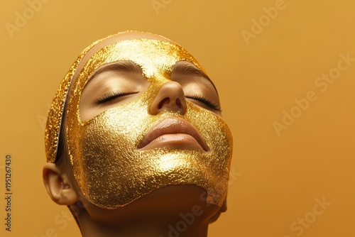 Woman applies gold facial mask in spa setting during facial treatment session