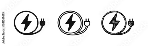 Electric plug with lightning bolt icon set, power and charging symbols for sustainable energy and electricity