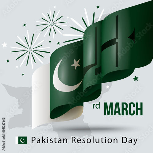 Pakistan Day celebration banner with waving Pakistani flag, fireworks and map silhouette on light background