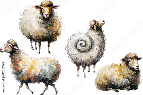 set of Watercolor Lamb Clipart, Cute Fluffy Farm Animal Illustration, Isolated on White