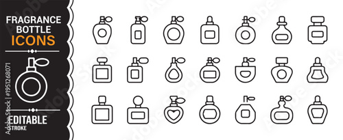 Outline fragrance bottle icons with editable stroke for beauty, fashion and cosmetic design use