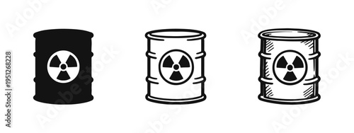Radioactive Hazard Drum Icon Set: Nuclear Waste Container and Toxic Warning Symbol
