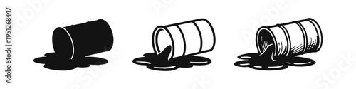 Oil Spill Barrel Icon Set - Environmental Pollution, Chemical Waste, and Industrial Disaster Symbol Vector