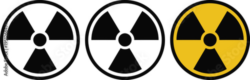 Radiation warning symbol set, three trefoil nuclear hazard icons, isolated vector signs, radioactive danger symbols, safety warning design