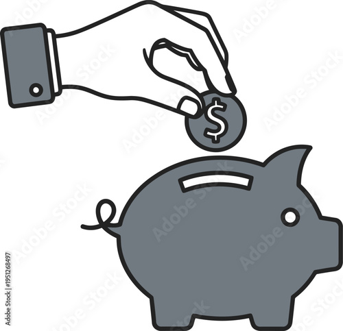 Human hand depositing dollar coin into piggy bank for savings